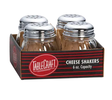 TableCraft C260-4 Cheese & Spice Shaker, 6-9 oz Glass Jar, Perforated Chrome Top, Metal Lid, 4/Pack