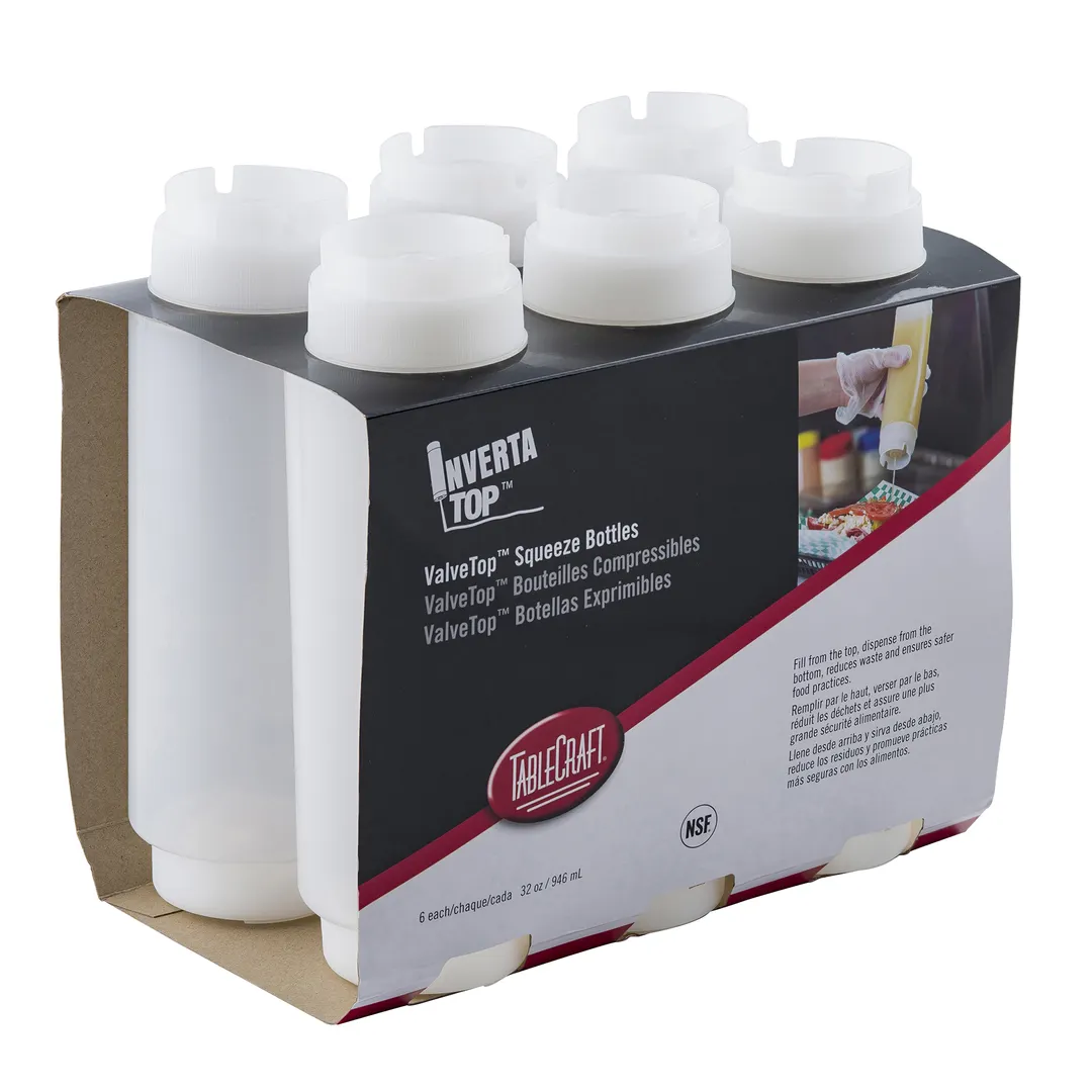 TableCraft C32SV - 32oz Clear Squeeze Bottle, 3-1/4" x 3-1/4" x 9-3/4", 63mm Opening - 6/Pack