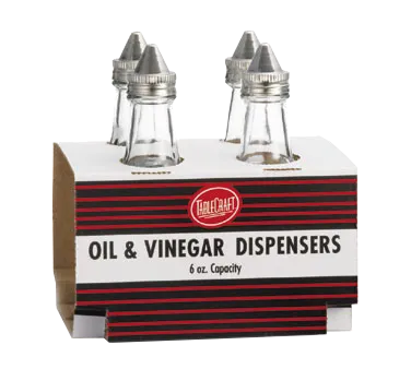 TableCraft C600-4 Oil & Vinegar Cruet Set – 6 oz. Glass Jars, Dishwasher Safe, Stainless – 4/Pack