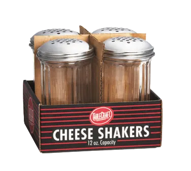 TableCraft C800-4 Cheese & Spice Shaker, 12 oz Fluted Glass, Stainless Steel Perforated Top, 4/Pack