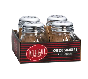 TableCraft CP260-4 Cheese Shaker, 6 oz. Polycarbonate Jar, Perforated Chrome Top, Metal Lid, 4/Pack