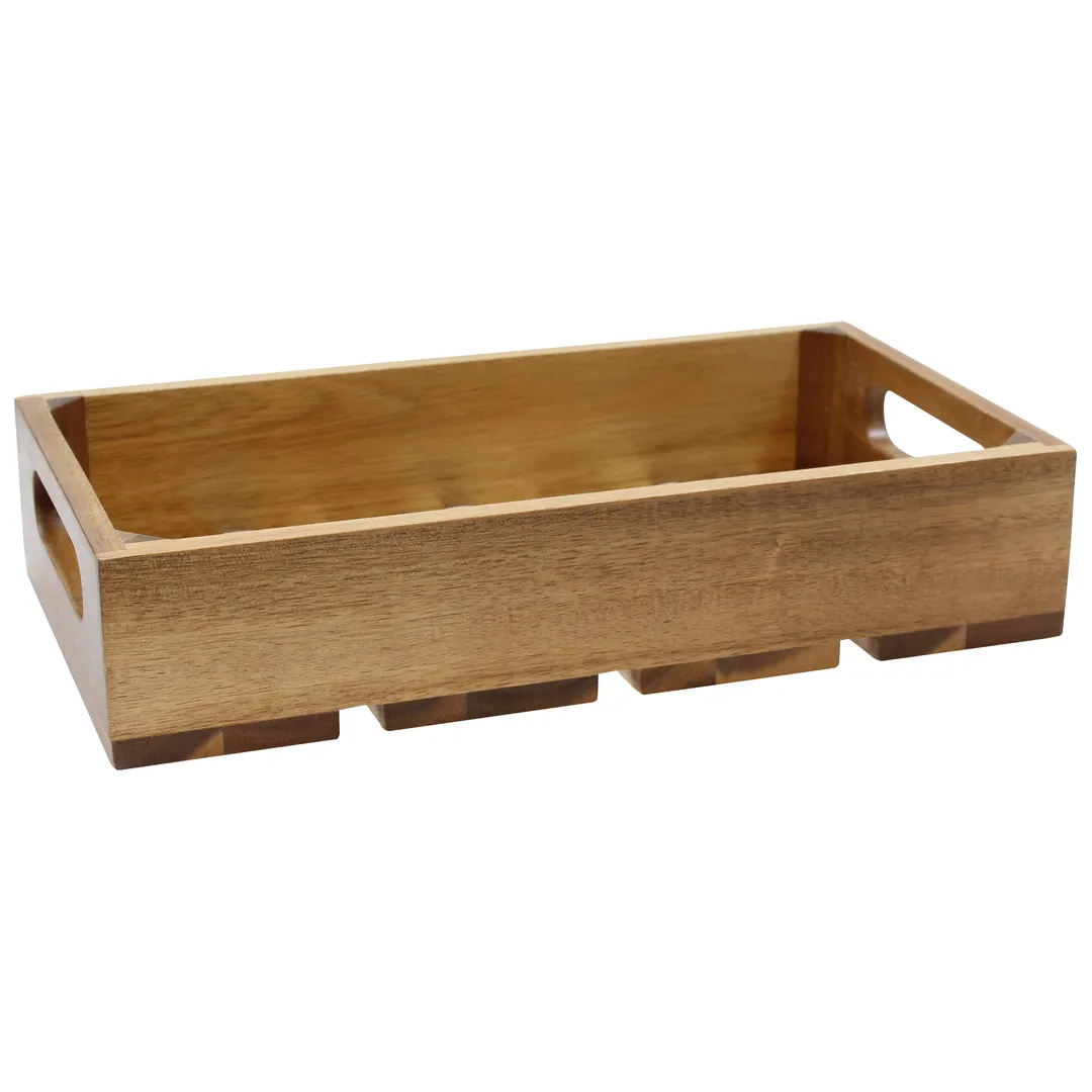 TableCraft CRATE14 - Acacia Brown Serving Crate, 10-3/8" x 6-1/2" x 2-3/4", Fits 1/4 GN Pan, Handles