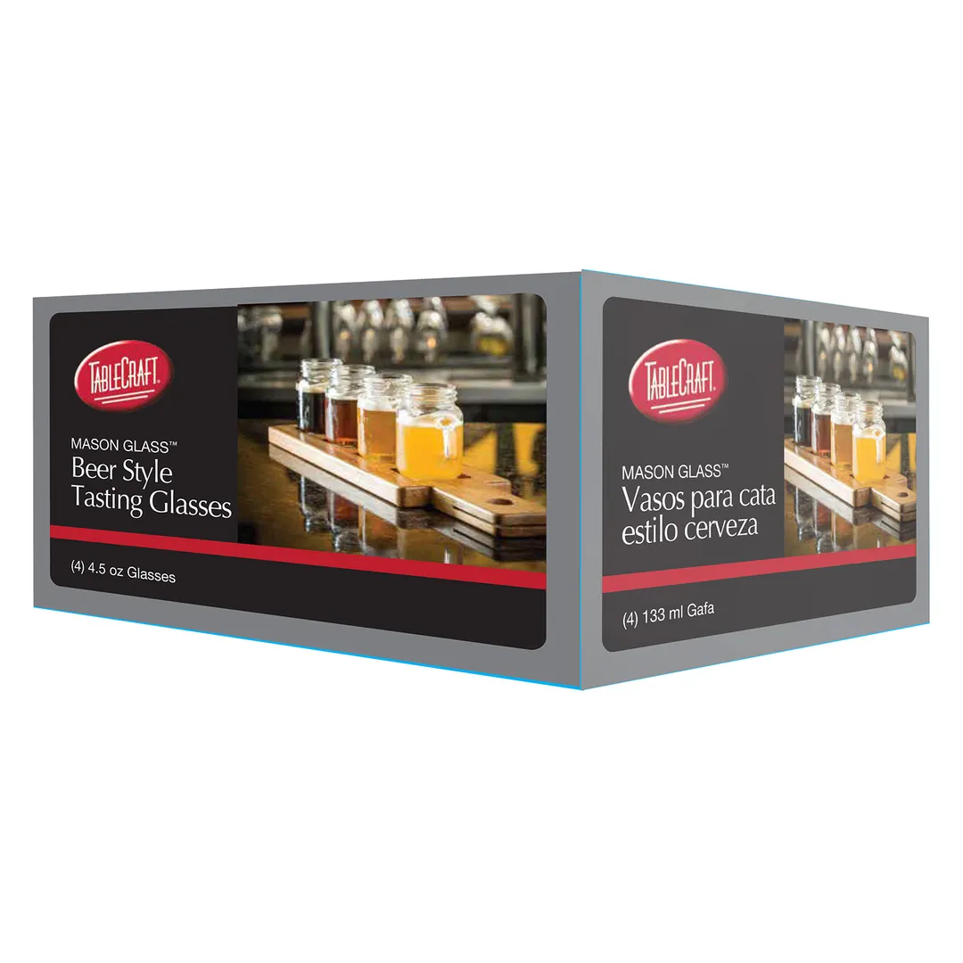 TableCraft FLBEER4 - 4-1/2 oz Square Mason Jar Glass, Dishwasher Safe, Glass - 4/Pack