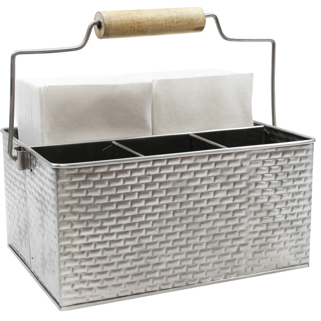 TableCraft Products GPSSCADDY - Brickhouse Collection™ Flatware Caddy, 10-3/4" x 8-1/2" x 4-3/4", 4-Compartment Stainless Steel Utensil Holder with Handle, Brick Texture