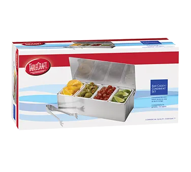 TableCraft Products H1604 - 4‑Compartment Bar Caddy, Steel Base, Silver, Acrylic Lid & Tongs - 1/Set