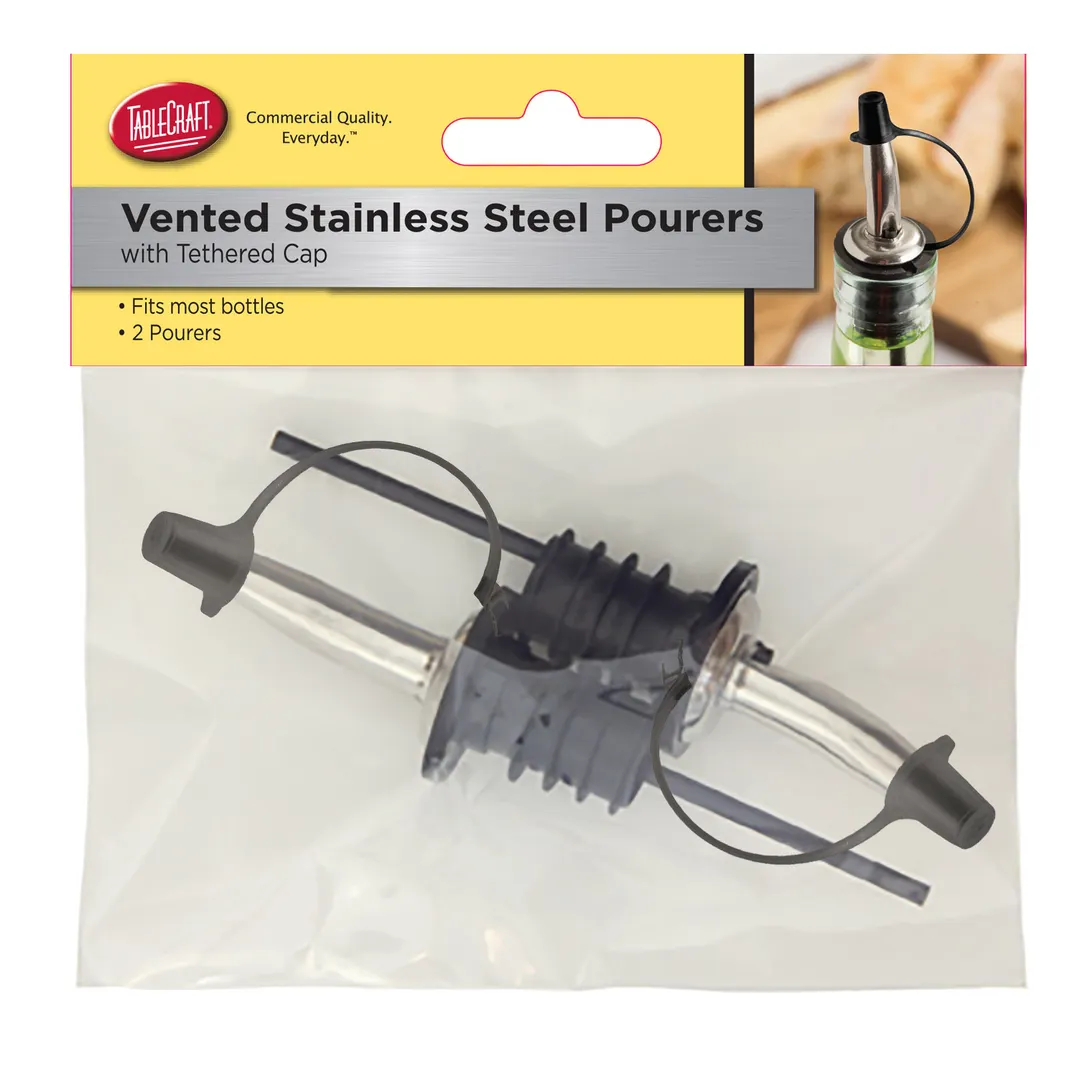 TableCraft H599PTC2 Liquor Pourer, Cash & Carry, Black Tethered Cap, Stainless Steel, Free Flow, 1 Pair