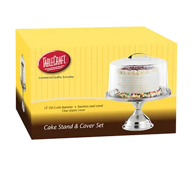 TableCraft H821422 - 12.75" Dia. Cake Stand & Cover 13.75" OAL, Stainless Steel Base, DishwasherSafe