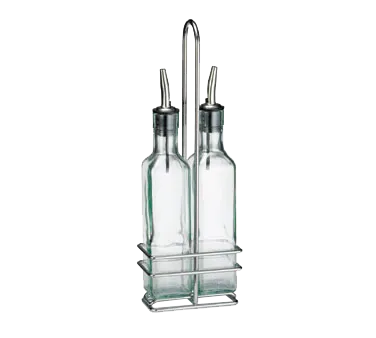 TableCraft H9085N Oil & Vinegar Cruet Set, 2x8-oz Green Tint Glass Bottles, Pourer, Chrome Rack