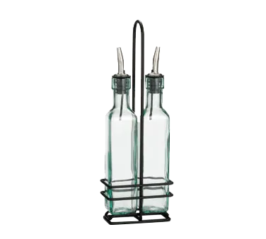 TableCraft H9085NBK Oil & Vinegar Cruet Set – 2×8‑oz Green Glass Bottles, Pourer, Metal Rack - 2/Set