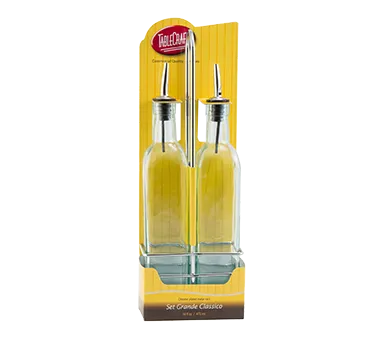 TableCraft H916N Oil & Vinegar Cruet Set - 2x16oz Green Tint Glass, Steel Pourer, Chrome Rack - 2/Set
