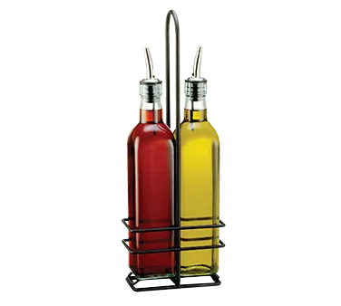 TableCraft H916NBK Oil & Vinegar Cruet Set - 2x16oz Green Glass Bottles, Steel Pourer, Chrome Rack