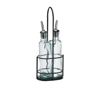 TableCraft H918NBK Oil & Vinegar Cruet Set – 8-1/2oz Green Glass Bottles, Black Metal Rack - 2/Set