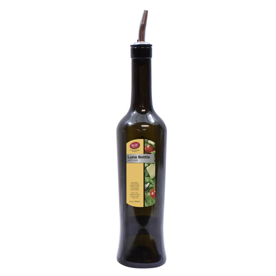 TableCraft H934 - 17oz Dark Green Luna Glass Bottle, All-Purpose, Stainless Steel Pourer