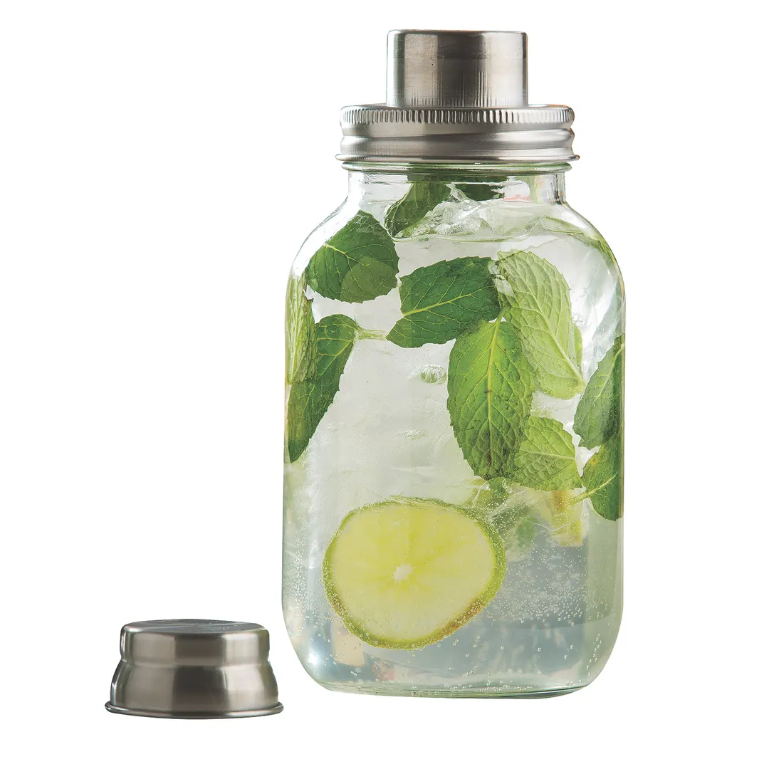 TableCraft Products MJS30 Mason Jar Cocktail Shaker, 30 oz, 2‑pc, 18/8 Stainless Steel Top, Glass