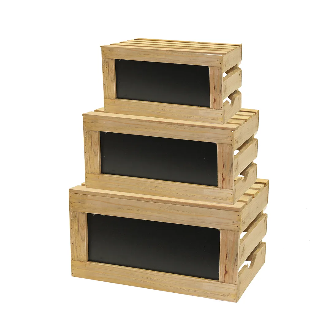TableCraft RCBCRATE1 Rustic Brown Wood 3-Piece Nesting Risers Set, 15"x10"x7.8" – 19.3"x13.5"x10.5", Chalkboard