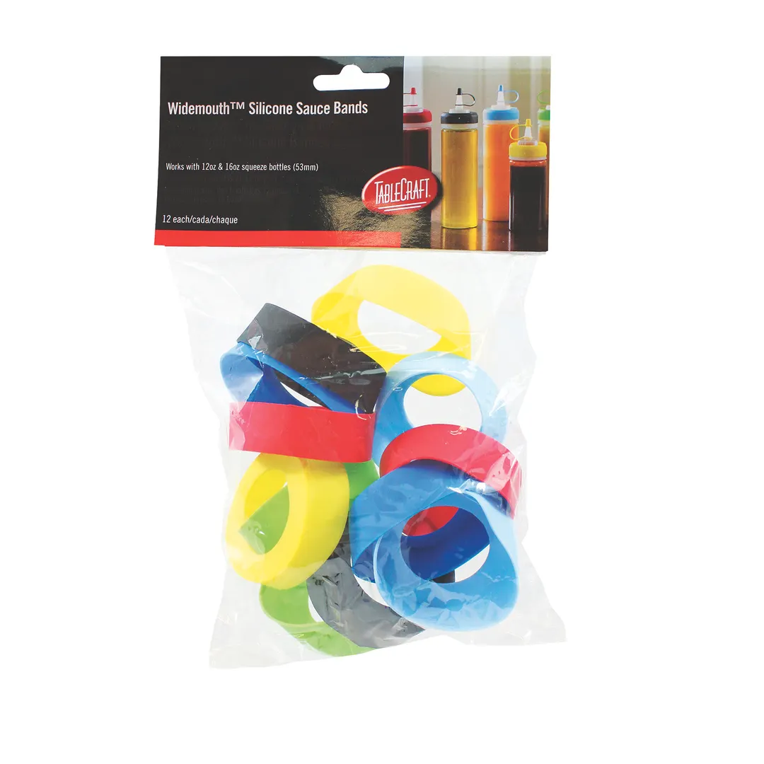 TableCraft SB53A Cash & Carry Widemouth 53mm Silicone Sauce Bands, Assorted 6 Colors - 12/Pack