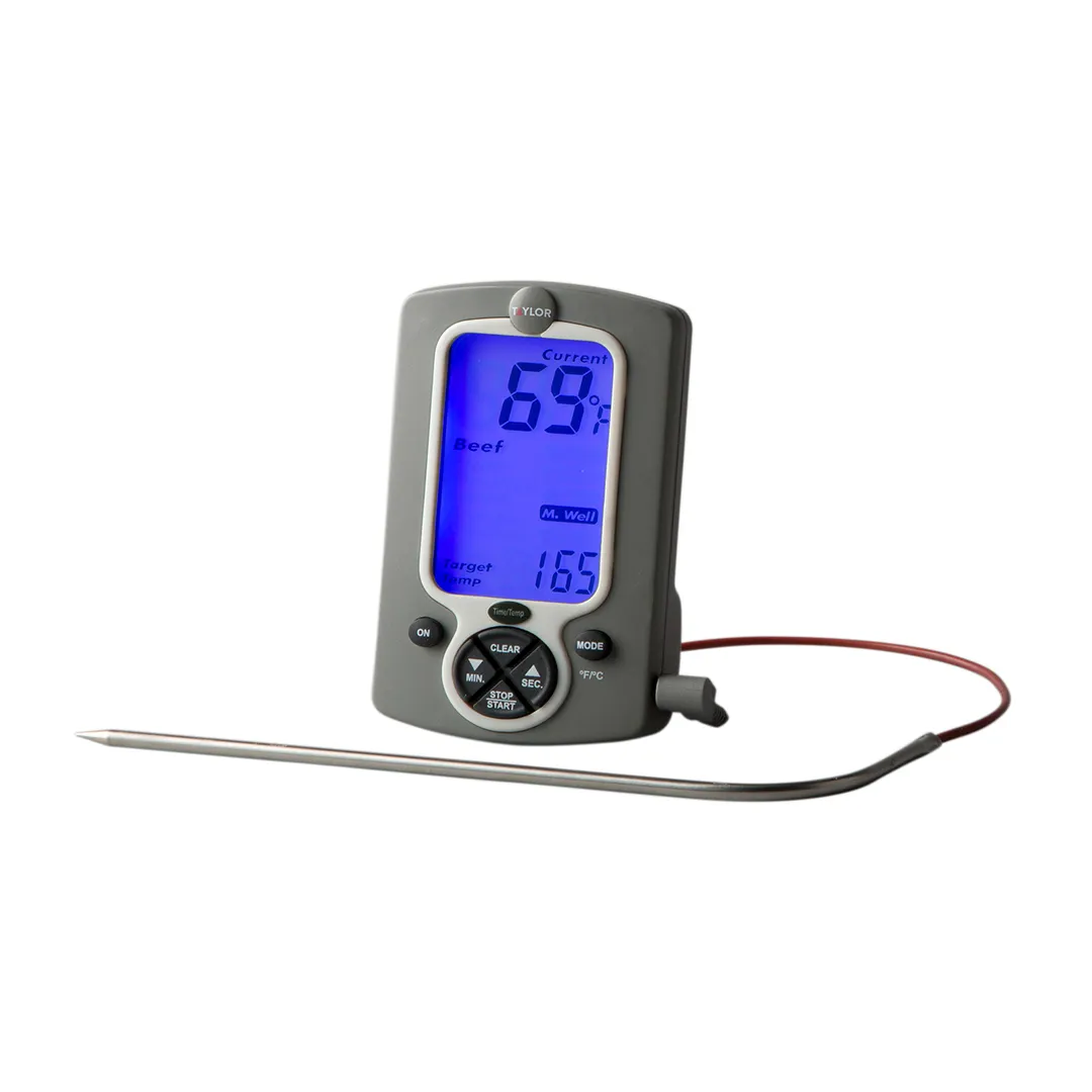 Taylor Precision 1471N Digital Thermometer/Timer, 32-392°F, 99 Min, Probe, 4 ft Cord, Blue LCD