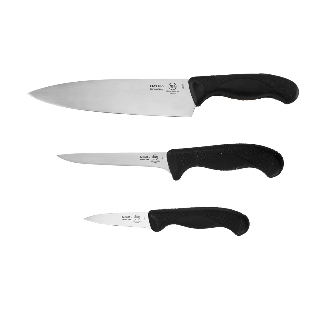 Taylor Precision 5271192 Knife Set – 8" chef, 6" boning, 3‑1/4" paring, steel, nylon/silicone handles NSF
