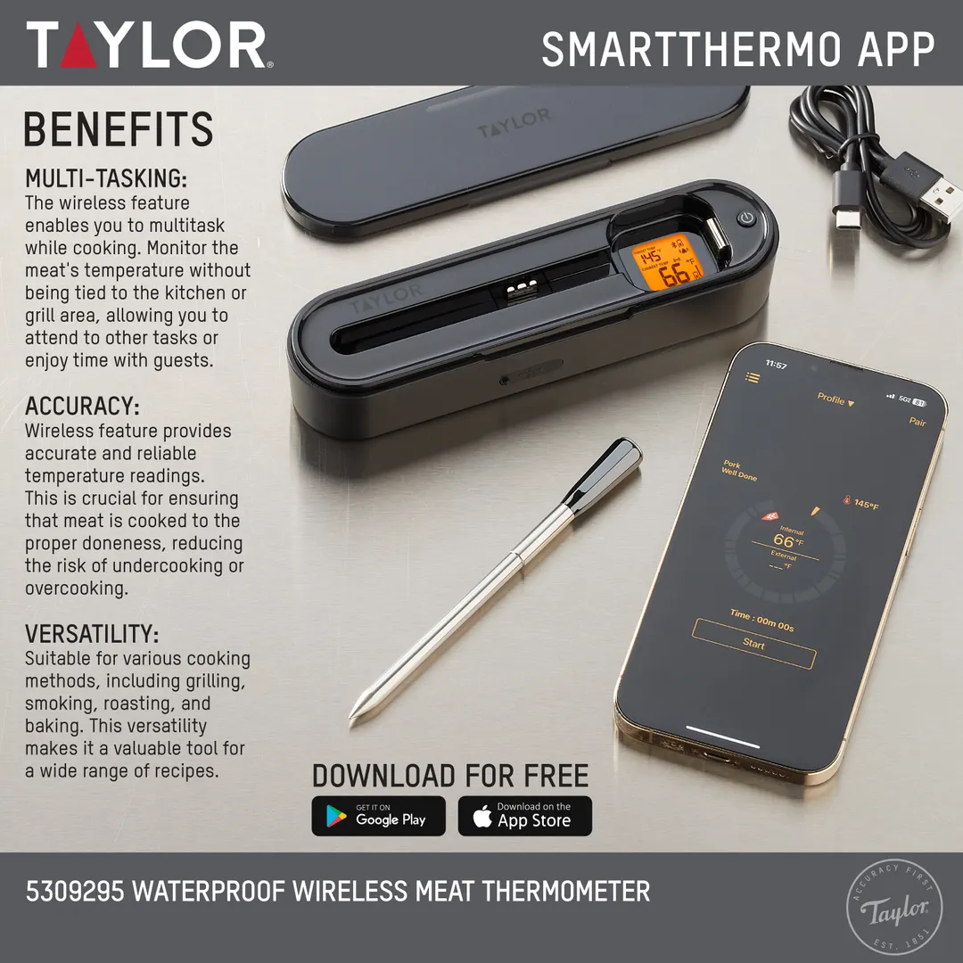 Taylor Precision 5309295 Wireless Thermometer with USB‑C Charging Case, Stem, Waterproof Display