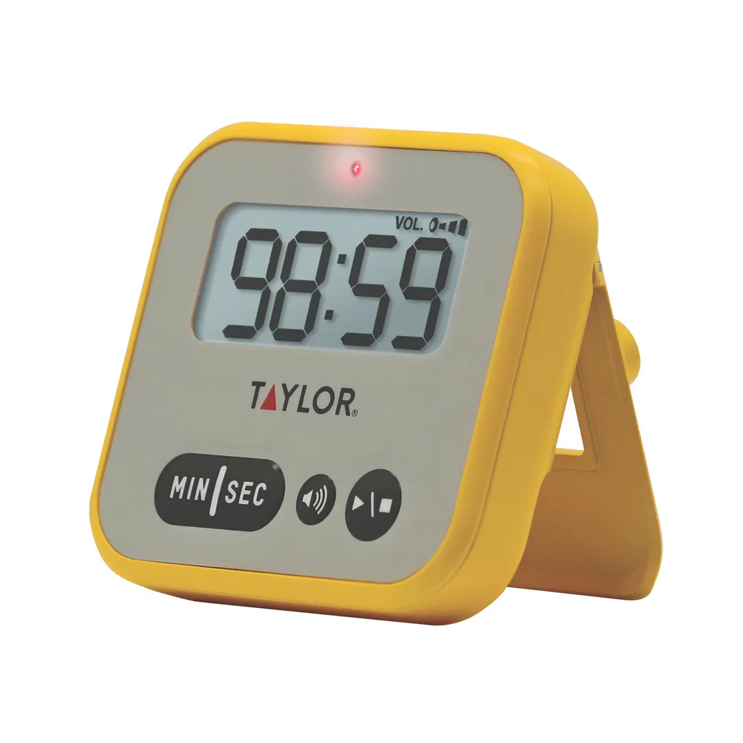Taylor Precision 5817FS Yellow Timer, 2-1/4" x 9/10" LCD, Ring 99:59, VolCtrl, Red LED, 2AAA Batteries
