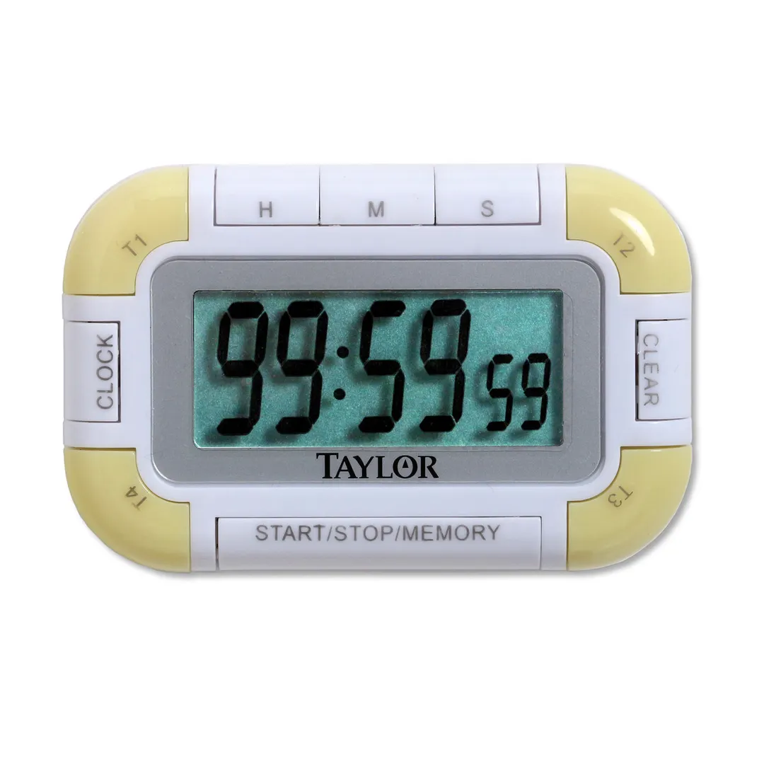 Taylor Precision 5862 4‑Event Digital Timer, 0.8" LCD, 12/24‑Hr Clock, 99h 59m 59s, 2 LR44 Batteries
