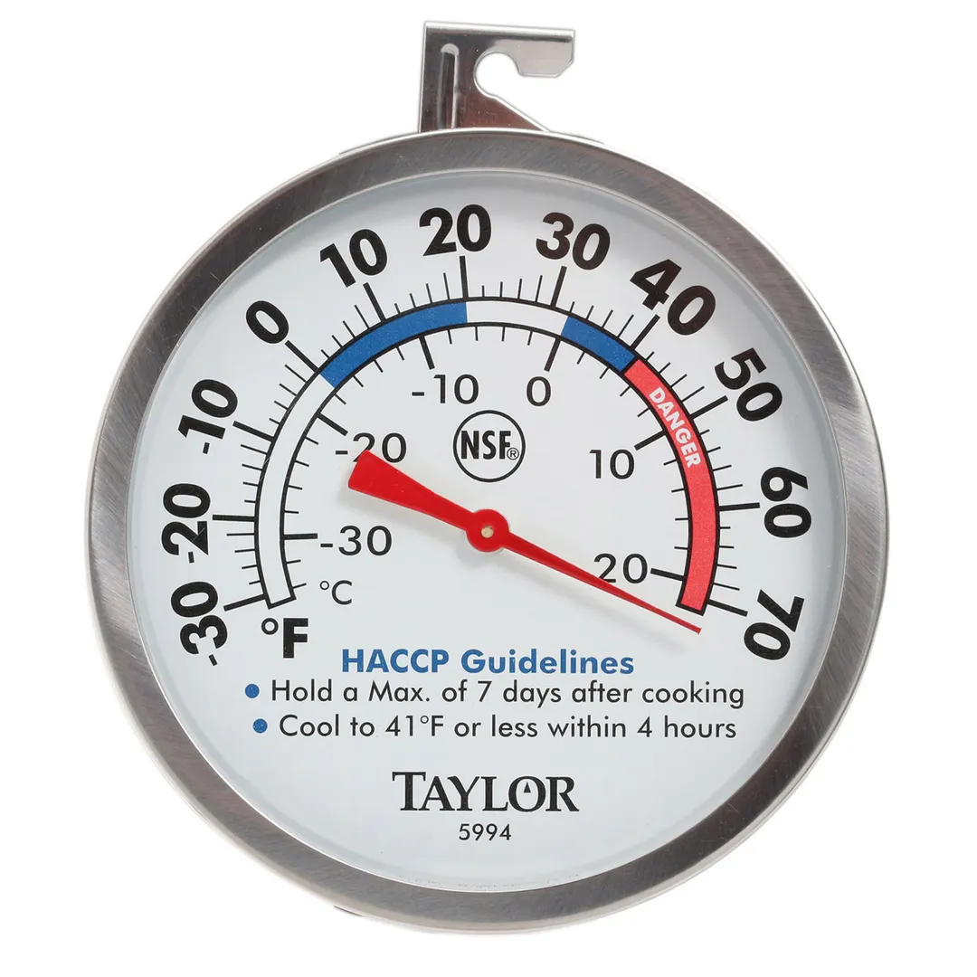 Taylor Precision 5994 Refrig Thermometer, 3" Dial, -30°F to 70°F, Steel, NSF, Backing, Safe Zone