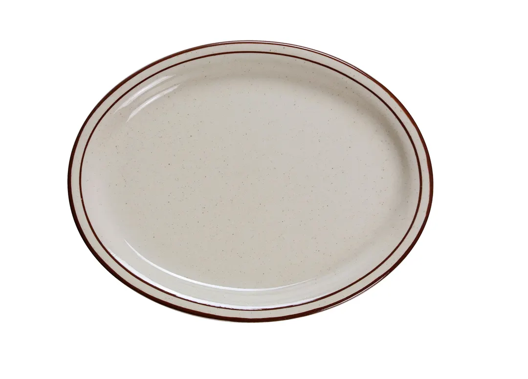 Yanco BR-13 Oval Ceramic Platter, Brown Speckled, Rim, 11½" L x 9½" W, Dishwasher Safe - Dozen
