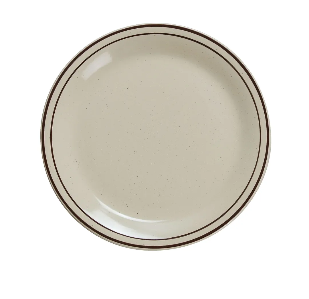 Yanco BR-5 5.5" Round Brown Speckled Ceramic Plate – Dishwasher Safe, Rim White – Dozen