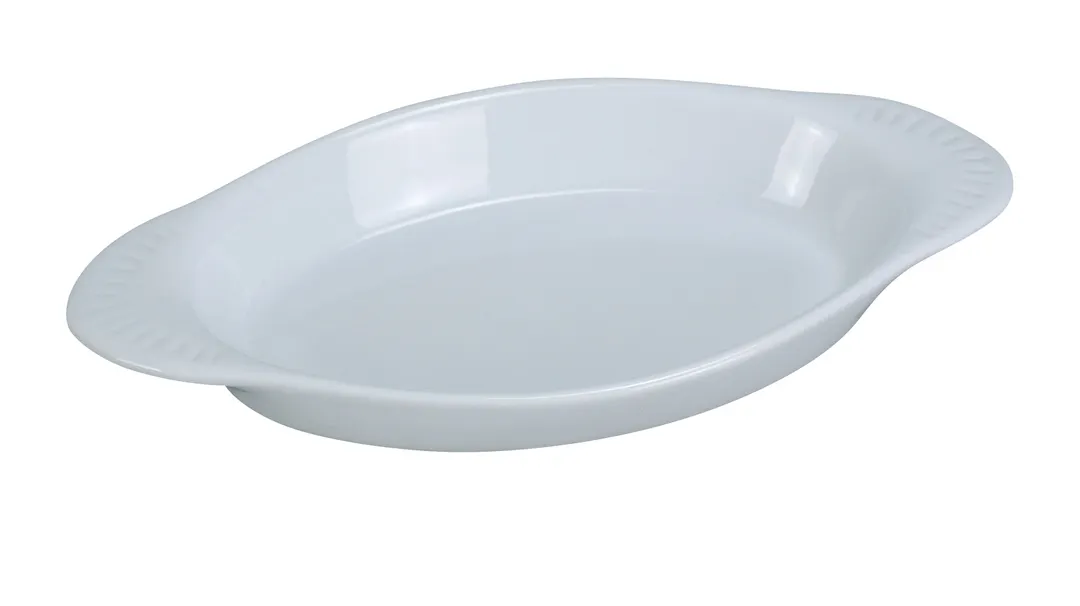 Yanco CO-8-P - 8 oz White Porcelain Gratin, 8‑1/2" L x 4‑1/4" W x 1‑1/8" H Dishwasher Safe - Dozen