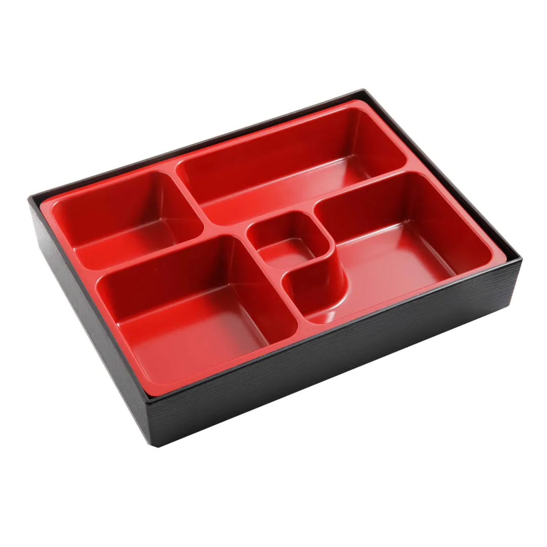 Yanco CR-610 5‑Compartment Rect. Plastic Sushi Box 10‑1/4" L x 8" W x 2" H Black/Red Dishwasher Safe