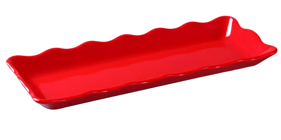 Yanco DC-6013R Serving Tray – 13-1/2" x 5-1/4" x 1" Rectangular Melamine, Scalloped Edge, Red