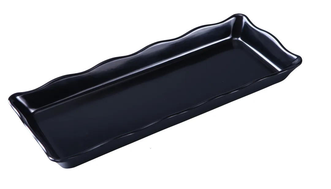 Yanco DC-6014B Rectangular Serving Tray, 14" x 5-1/4" x 1", Black Melamine with Scalloped Edge