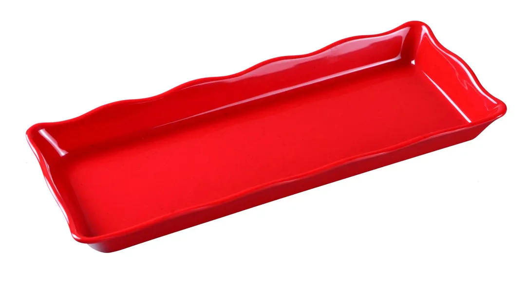 Yanco DC-6014R Serving Tray, Rectangular 14" x 5-1/4" x 1", Scalloped Edge, Red Melamine
