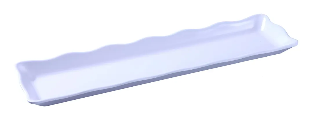 Yanco DC-6019W - 19" x 5-1/4" x 1" Rectangular Melamine Serving Tray, White Scalloped Edge