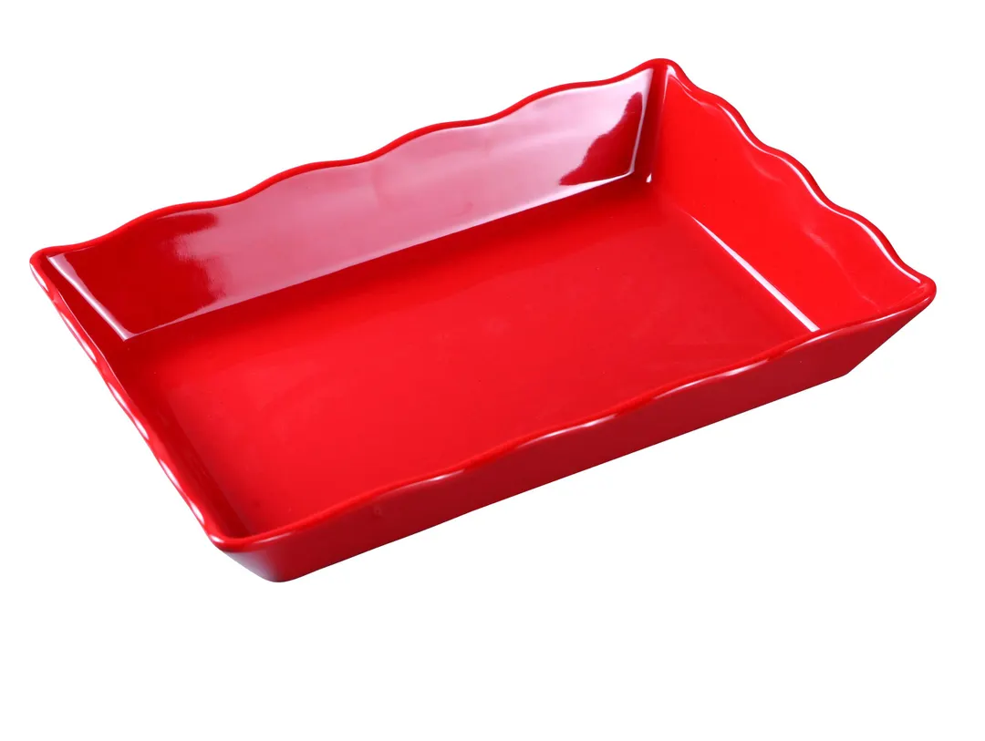 Yanco DC-6114R Rectangular Serving Tray, 14" x 9-1/2" x 2", Scalloped Edge, Red Melamine