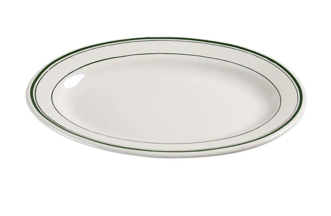 Yanco GB-14 Green Band Oval Ceramic Platter, 12½" x 9", Dishwasher Safe, White - Dozen