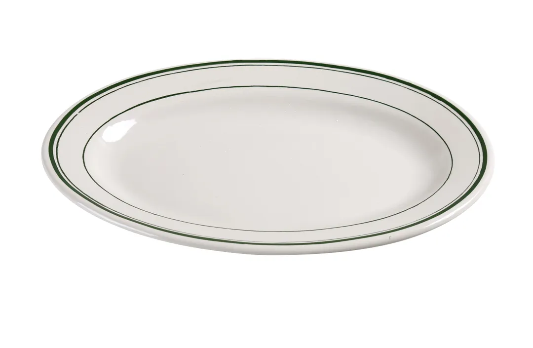 Yanco GB-19 Green Band Oval Ceramic Platter, 13½" x 9½" White Dishwasher & Microwave Safe - Dozen