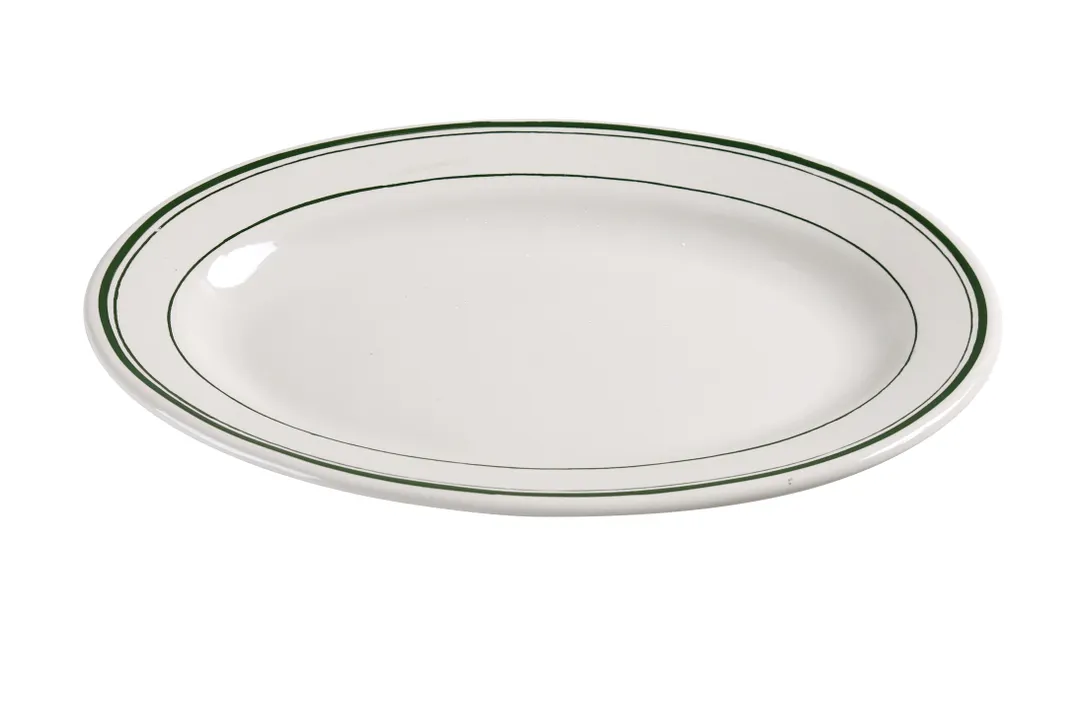 Yanco GB-34 Oval Ceramic Platter, Green Band, 9-3/8" L x 6-1/2" W, White, Microwave Safe - Dozen