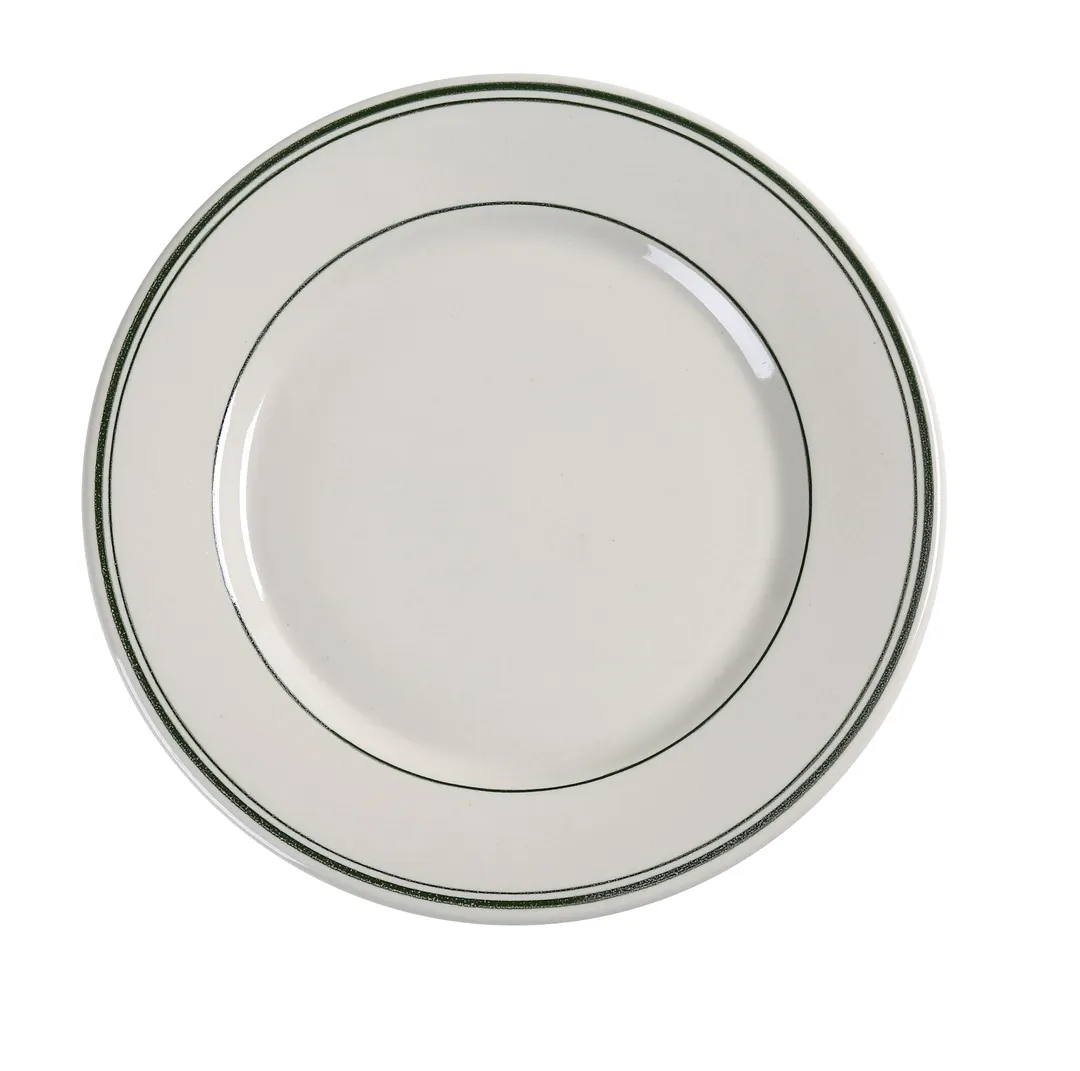 Yanco GB-5 China Plate - 5.5" Ceramic White Plate, Green Band Design, Oven Microwave Safe - Dozen