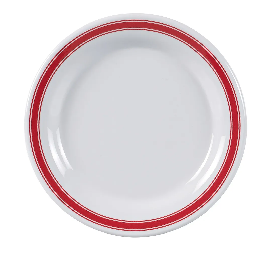 Yanco HS-106 - 6.5" Round Melamine Plate White With Red Band Heavy Dishwasher Safe - Dozen