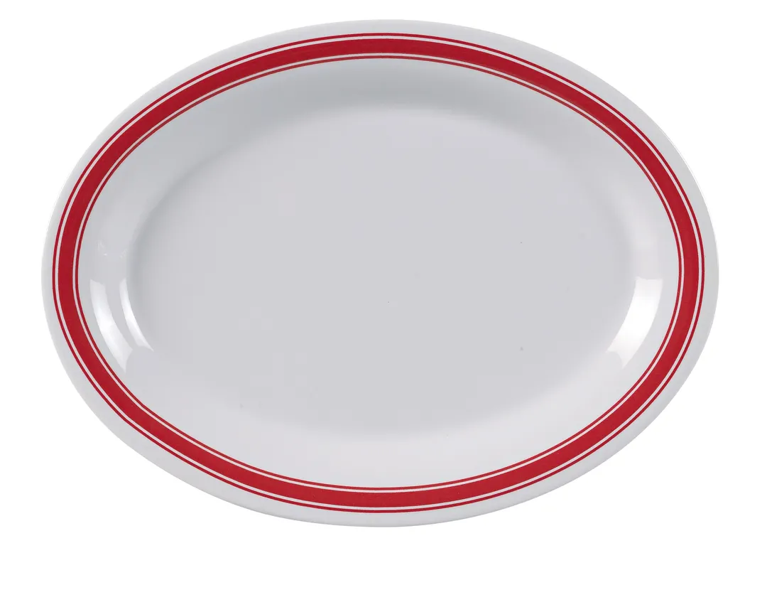 Yanco HS-213 - Oval Melamine Platter 13½" L x 10½" W White with Red Band Dishwasher Safe - Dozen