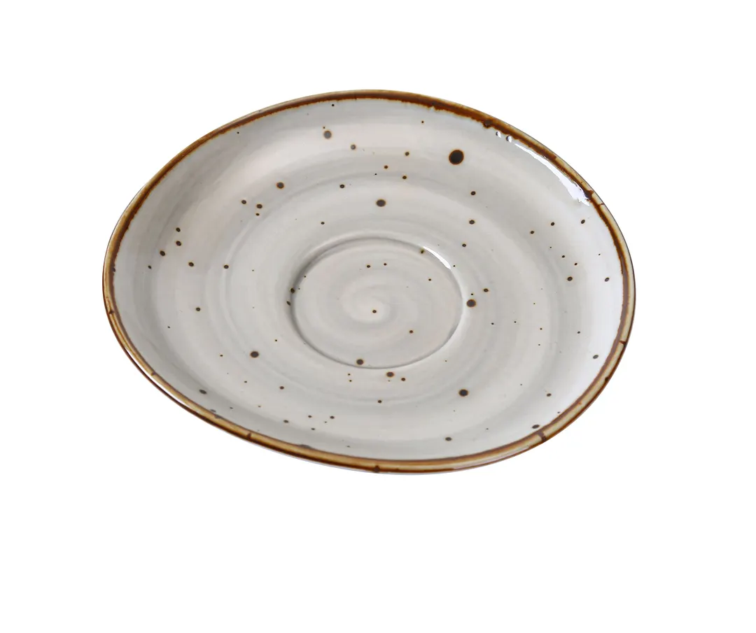 Yanco LY-002 Lyon Saucer, 6-1/2" x 3/4" Freeform Porcelain Glazed Brown Speckled - Dozen