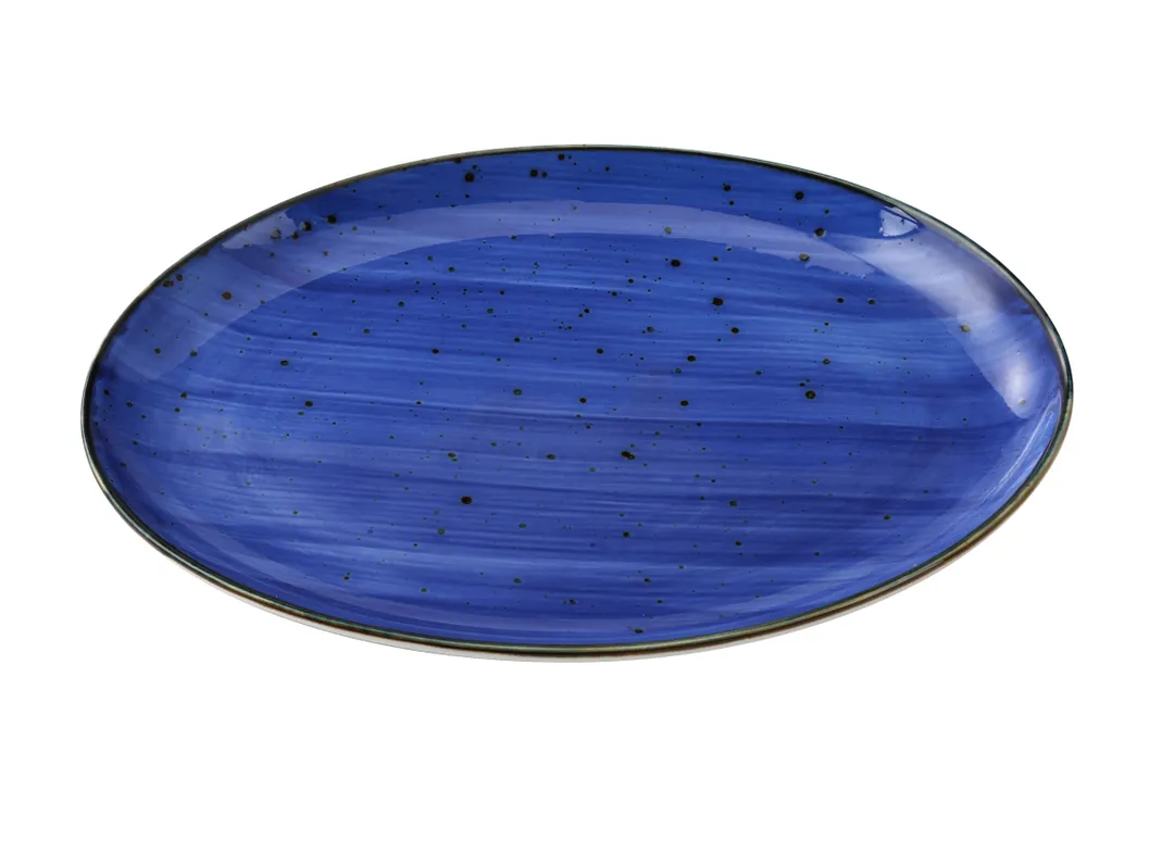 Yanco LY-2108BU Oval Porcelain Platter, 8" x 5-1/2" x 3/4", Blue Rim, Microwave Safe - Dozen