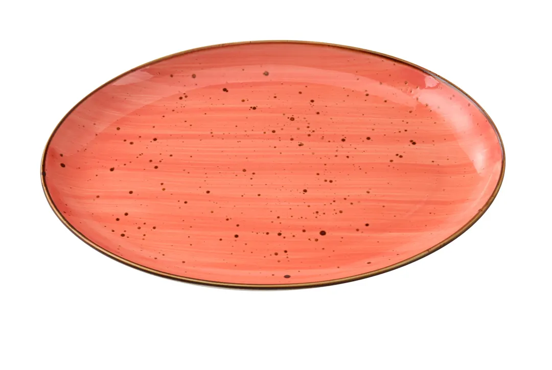 Yanco LY-2112CR Porcelain Oval Platter 12" L x 8-1/4" W x 1-1/4" H, Coral Rim, Safe - Dozen