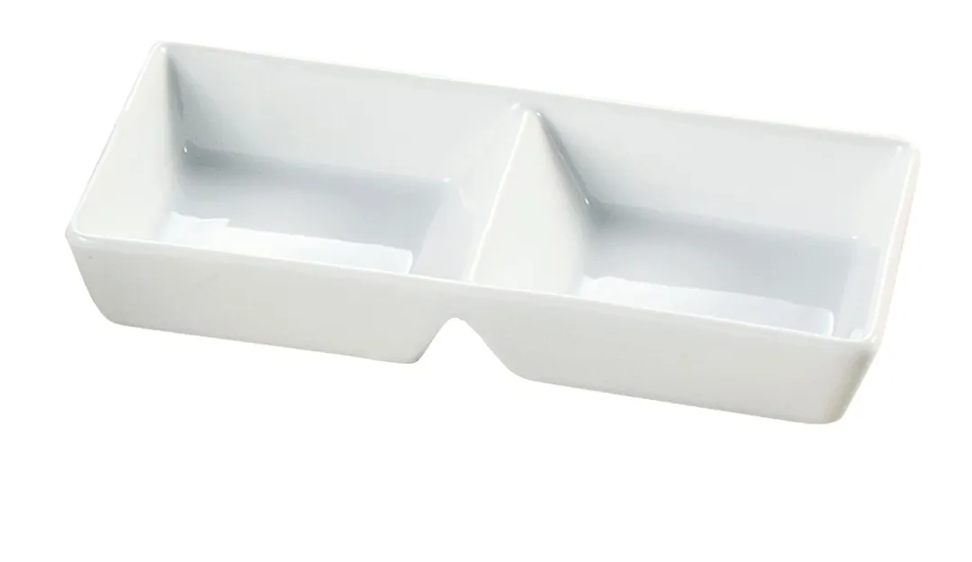 Yanco ML-728 - 10" White Porcelain Rectangular Tray 2 Compartments 10 oz 10" x 4" x 1-5/8" - Dozen