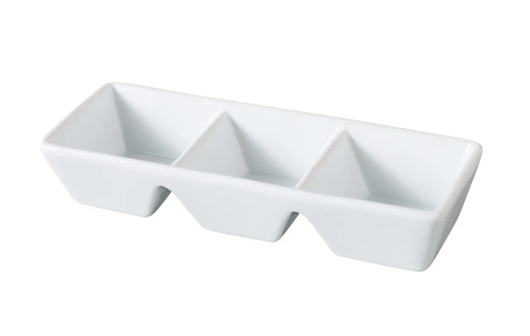 Yanco ML-737 - 7" x 2.5" x 1.25" Porcelain 3‑Compartment Tray, 1.5 oz Each, White, Safe - Dozen