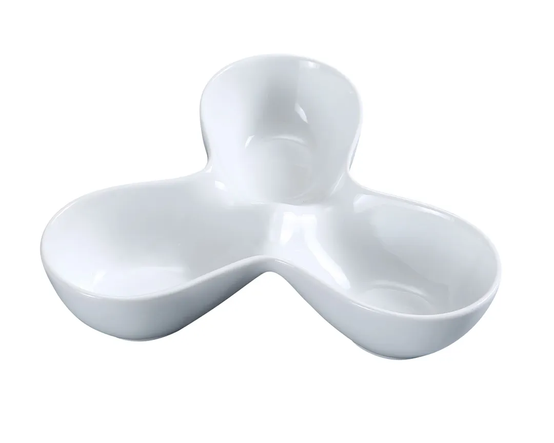 Yanco ML-813 - Triangular 3‑Compartment Bowl, 8" x 6", 4 oz Each, Porcelain Microwave Safe - Dozen