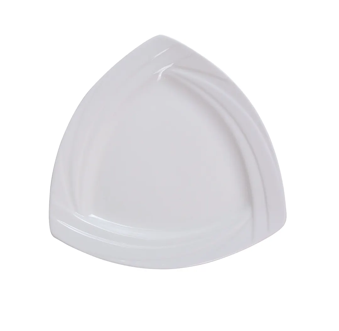 Yanco MM-10-TR Triangular China Plate, 10" x 10" Bone White Porcelain, Embossed Rim, Safe - Dozen