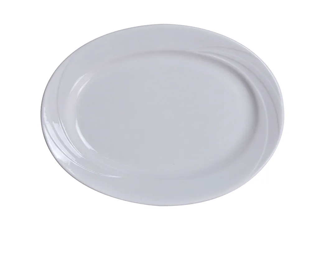 Yanco MM-14 - Oval Porcelain Platter 14" x 10", Bone White, Embossed Rim, Dishwasher Safe - Dozen