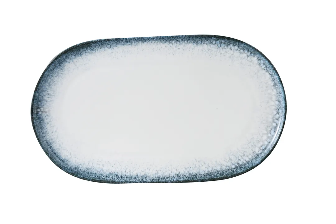 Yanco MR-215 Oval China Plate, 15.5" W x 9" D x 1" H, White/Blue, Coupe Rim, Safe - Dozen